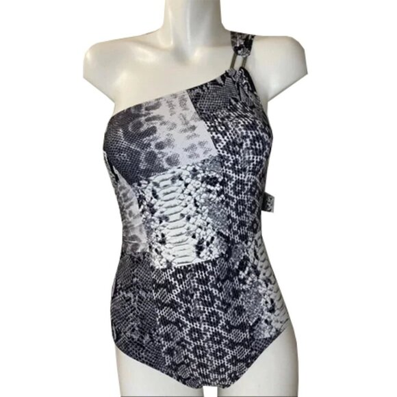 🦋 MICHAEL KORS SNAKESKIN PRINT SHIRRED ONE SHOULDER MAILLOT SWIMSUIT size 12 - Picture 1 of 6
